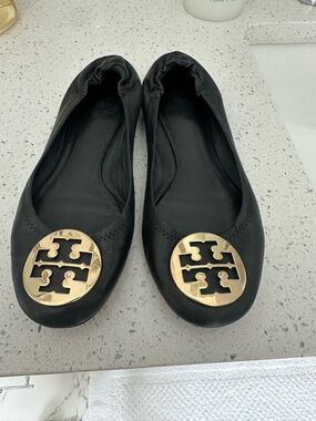Tory Burch Black Leather Ballet Flats with Gold Logo Medallion